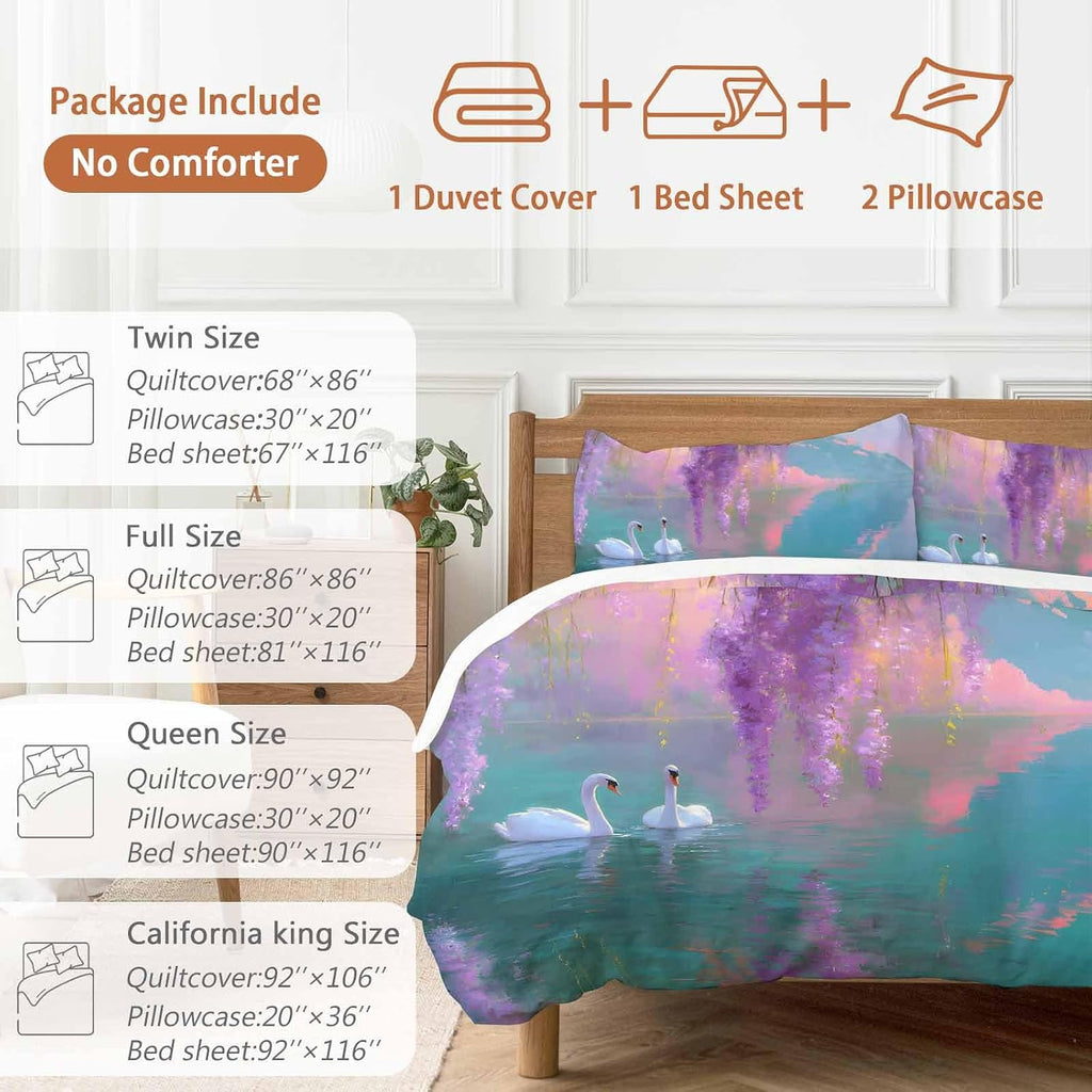 Swan Duvet Cover Set Queen Size 4 Pieces Oil Painting Spring Wisteria Gradient Pink Green Lake Bedding Set with Zipper Closure, 1 Comforter Cover 90x92 Inches 1 Flat Sheet & 2 Pillow Cases