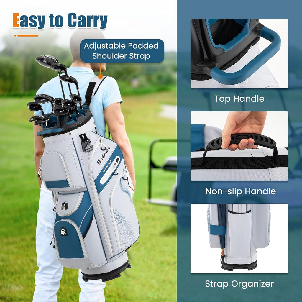 ULTIMATE 14-Way Golf Cart Bag, Golf Bag w/Molded Lock Top & Full Length Dividers, Portable Golf Club Bag w/11 Pockets, Cooler Bag, Padded Strap & Rain Hood for Men Women