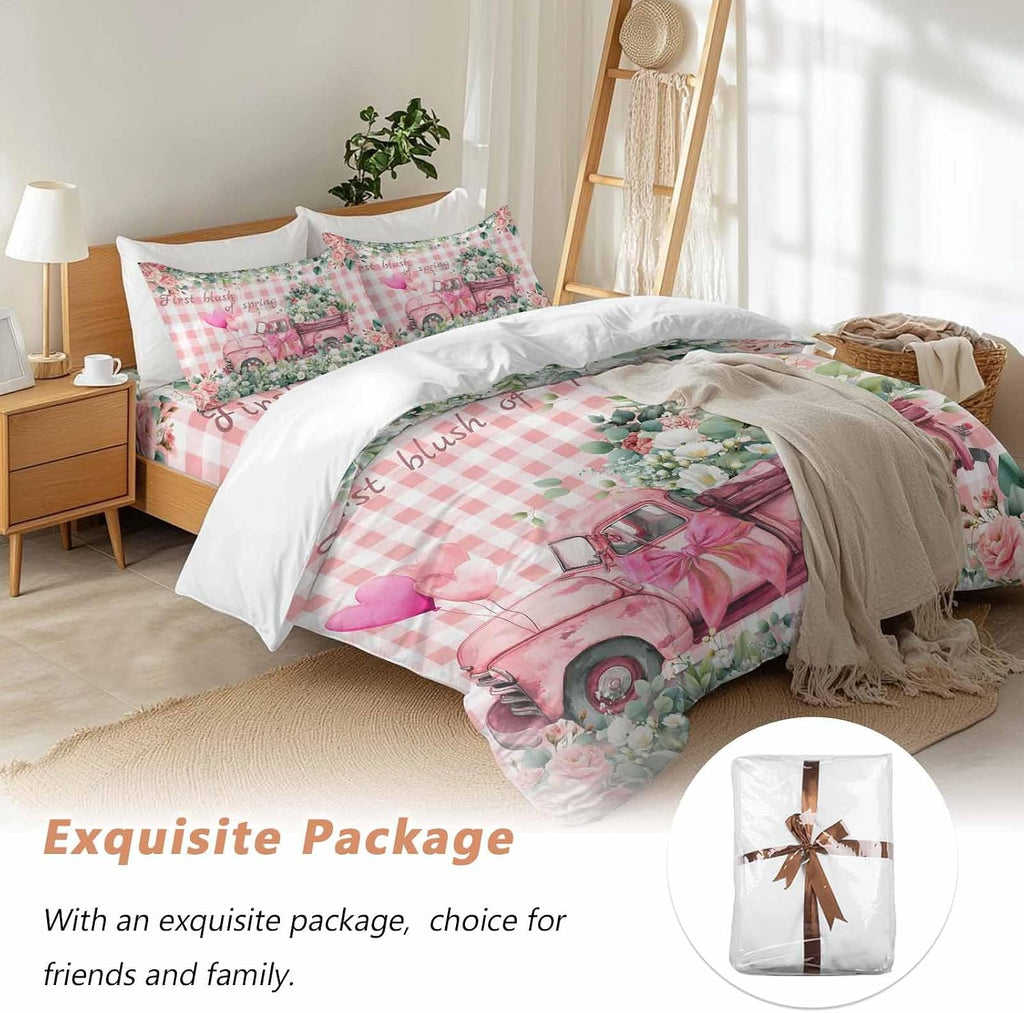 Prime Leader Pink Truck Flowers Duvet Cover Set Queen Size 4 Pieces Spring Rose Green Leaf Pink Plaid Bedding Set with Zipper Closure, 1 Comforter Cover 90x92 Inches 1 Flat Sheet & 2 Pillow Cases