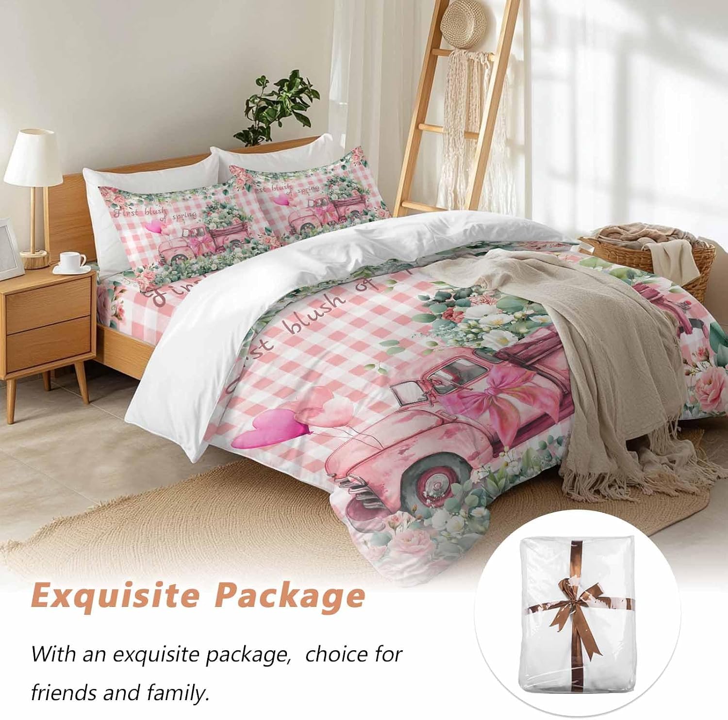 Prime Leader Pink Truck Flowers Duvet Cover Set Queen Size 4 Pieces Spring Rose Green Leaf Pink Plaid Bedding Set with Zipper Closure, 1 Comforter Cover 90x92 Inches 1 Flat Sheet & 2 Pillow Cases