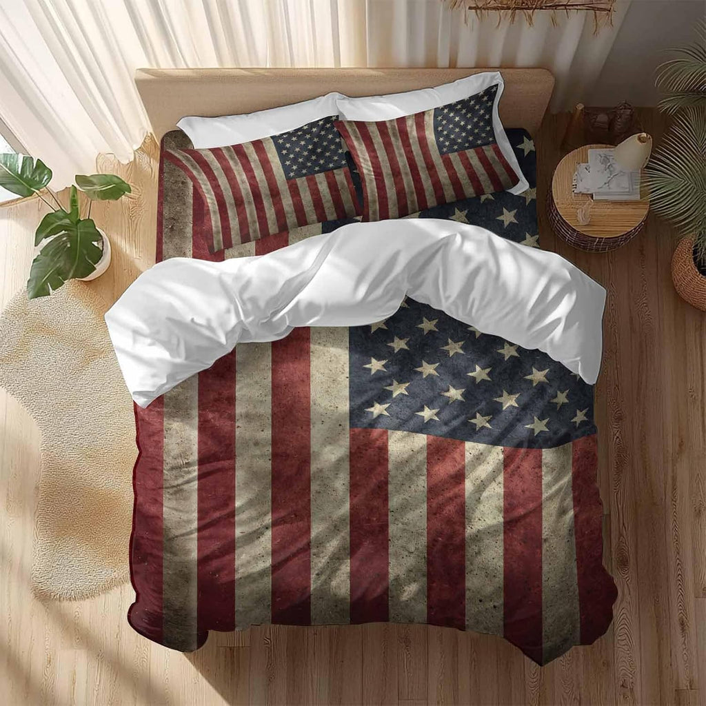 Vintage U.S. Flag Duvet Cover Set Queen Size 4 Pieces Red White Striped Star Independence Day Bedding Set with Zipper Closure, 1 Comforter Cover 86x86 Inches 1 Flat Sheet & 2 Pillow Cases