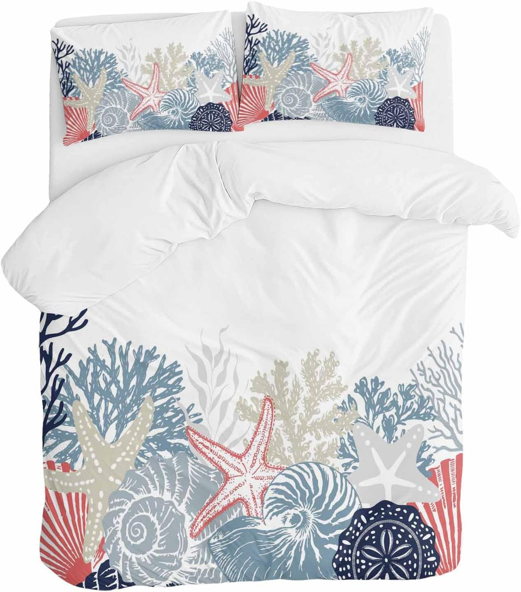 Summer Marine Life Duvet Cover Set Queen Size 4 Pieces Ocean Coral Coastal Starfish Blue Conch Bedding Set with Zipper Closure, 1 Comforter Cover 90x92 Inches 1 Flat Sheet & 2 Pillow Cases