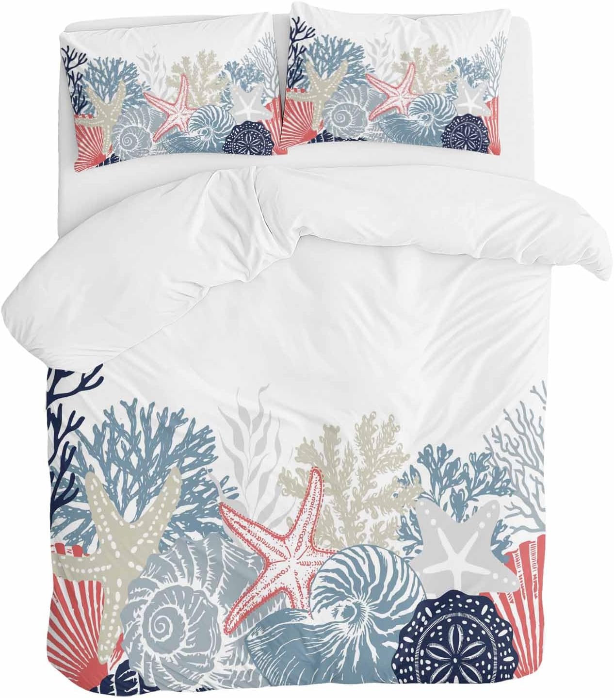 Summer Marine Life Duvet Cover Set Queen Size 4 Pieces Ocean Coral Coastal Starfish Blue Conch Bedding Set with Zipper Closure, 1 Comforter Cover 90x92 Inches 1 Flat Sheet & 2 Pillow Cases