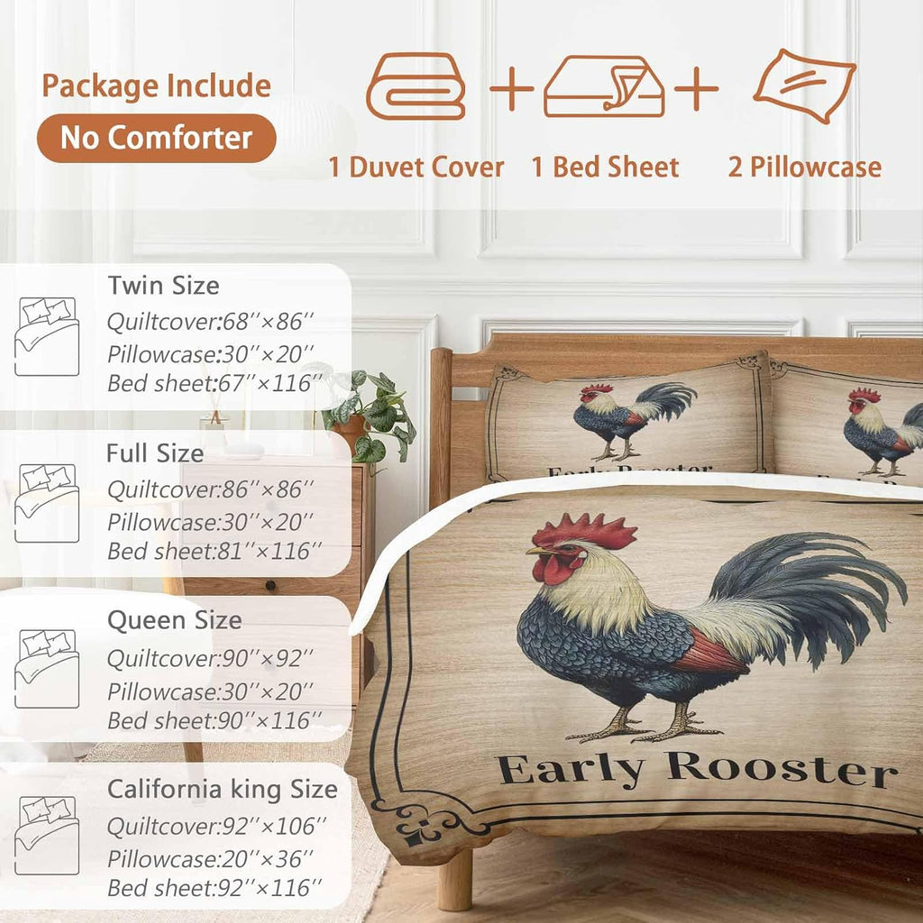 Prime Leader Farmhouse Duvet Cover Set Queen Size 4 Pieces Early Rooster Animals Wood Grain Retro Border Bedding Set with Zipper Closure, 1 Comforter Cover 86x86 Inches 1 Flat Sheet & 2 Pillow Cases