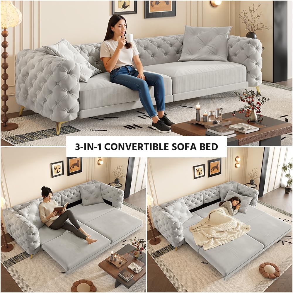 WILLIAMSPACE 97.7' 3-in-1 Convertible Sleeper Sofa Bed, Modern Button Tufted 28.4' Deep Seat Pull Out Couch Bed with Movable Ottoman, Multi-Functional 4-Seater Couch for Living Room, Velvet - Grey
