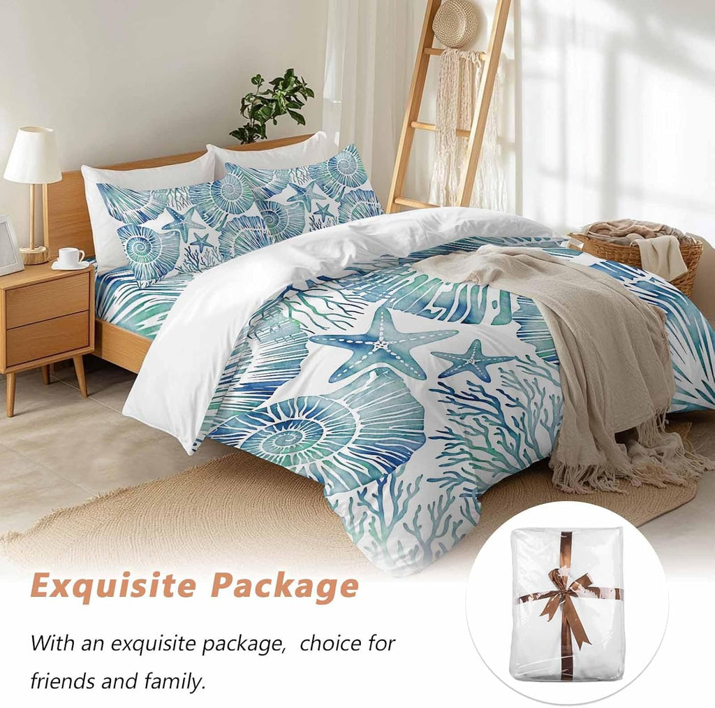 Summer Nautical Duvet Cover Set Queen Size 4 Pieces Blue Seashells Starfish Conch Coral Ocean Bedding Set with Zipper Closure, 1 Comforter Cover 90x92 Inches 1 Flat Sheet & 2 Pillow Cases