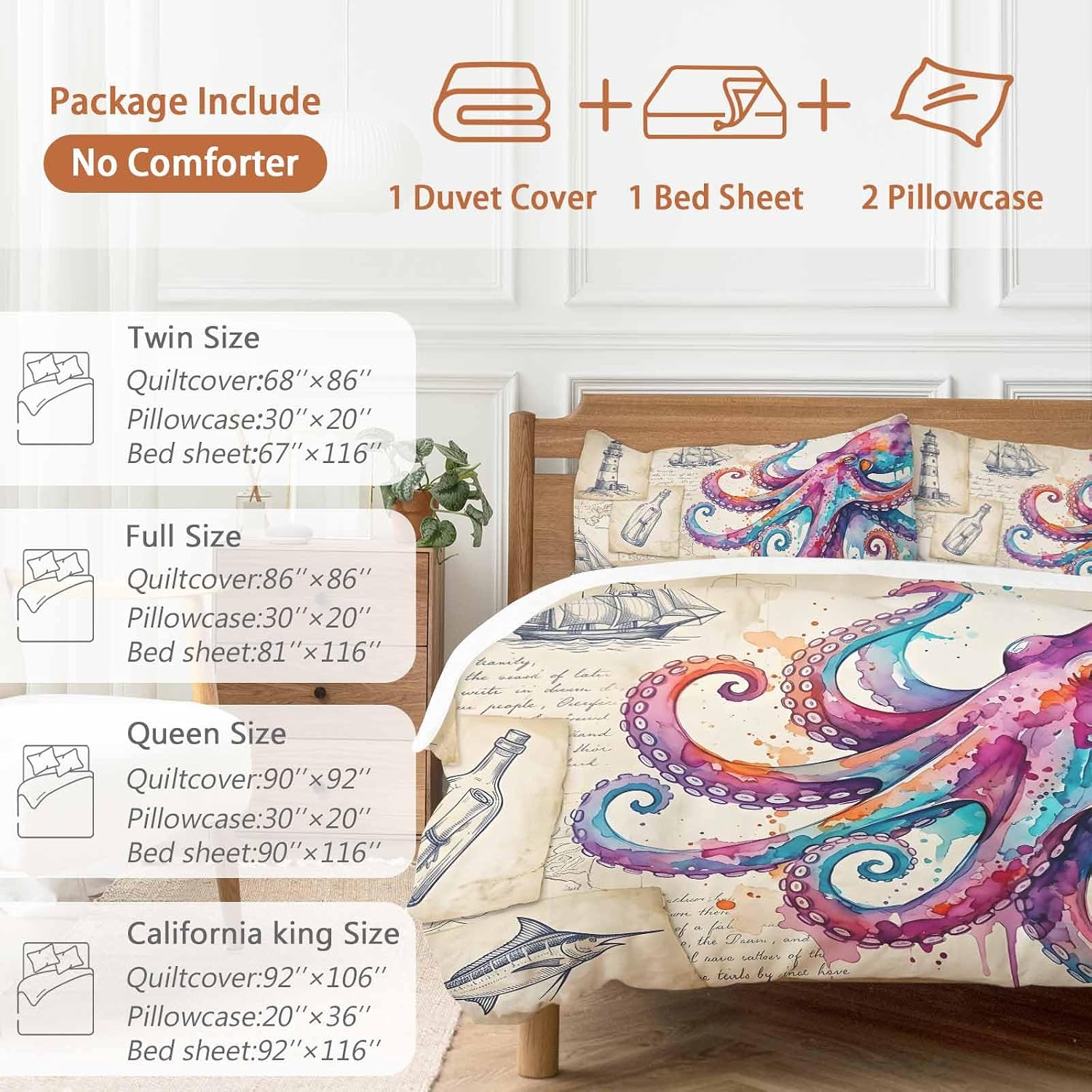 Prime Leader Pink Blue Octopus Duvet Cover Set Queen Size 4 Pieces Watercolor Octopus Newspaper Texture Bedding Set with Zipper Closure, 1 Comforter Cover 86x86 Inches 1 Flat Sheet & 2 Pillow Cases