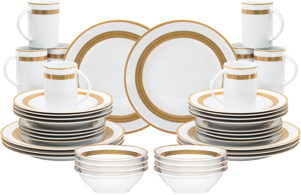 40 Piece Luxurious Dinnerware Sets for 8 – Includes Plates, Mugs, Bowls – White and Gold Rope Design Dish Set for Kitchen Table, Everyday Dining or Formal Use (Rope Gold)