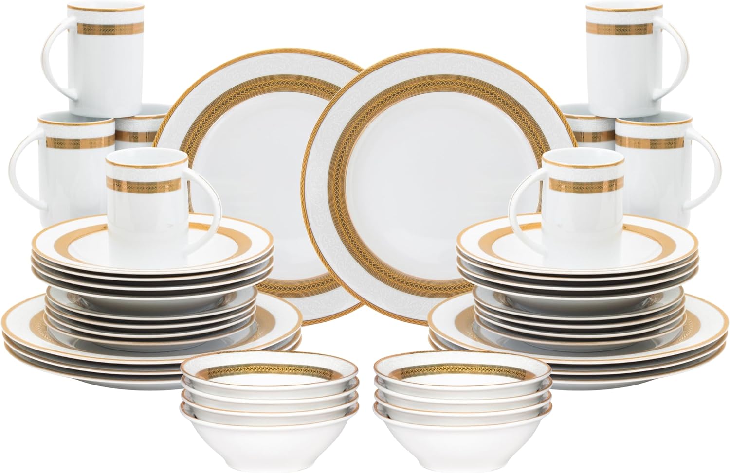 40 Piece Luxurious Dinnerware Sets for 8 – Includes Plates, Mugs, Bowls – White and Gold Rope Design Dish Set for Kitchen Table, Everyday Dining or Formal Use (Rope Gold)