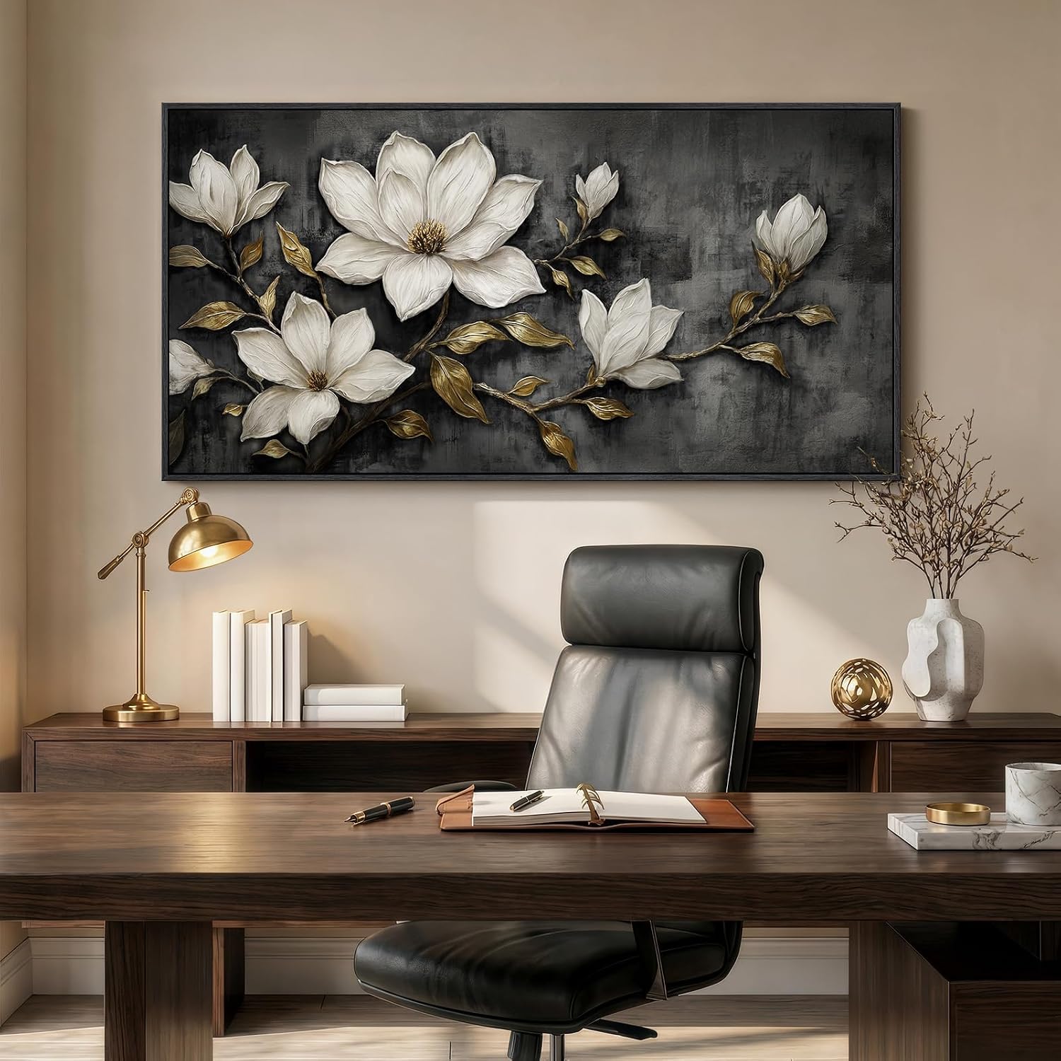 Large Framed Black and White Botanical Wall Art for Living Room, Modern Magnolia Floral Canvas Prints Paintings, Elegant Flower with Gold Leaves Pictures for Dining Room Office Wall Decor, 60x30 Inch