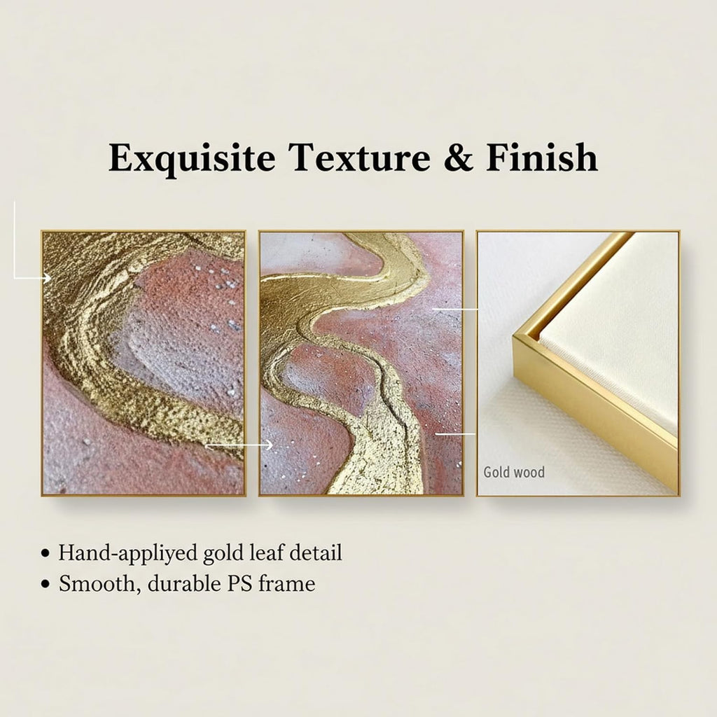 3 Piece Living Room Pink Wall Art, Framed Gold Abstract Painting Water Flow Shape for Bedroom,Modern Pink Wall Decor Home Decor Ready to Hang 24x48 inches