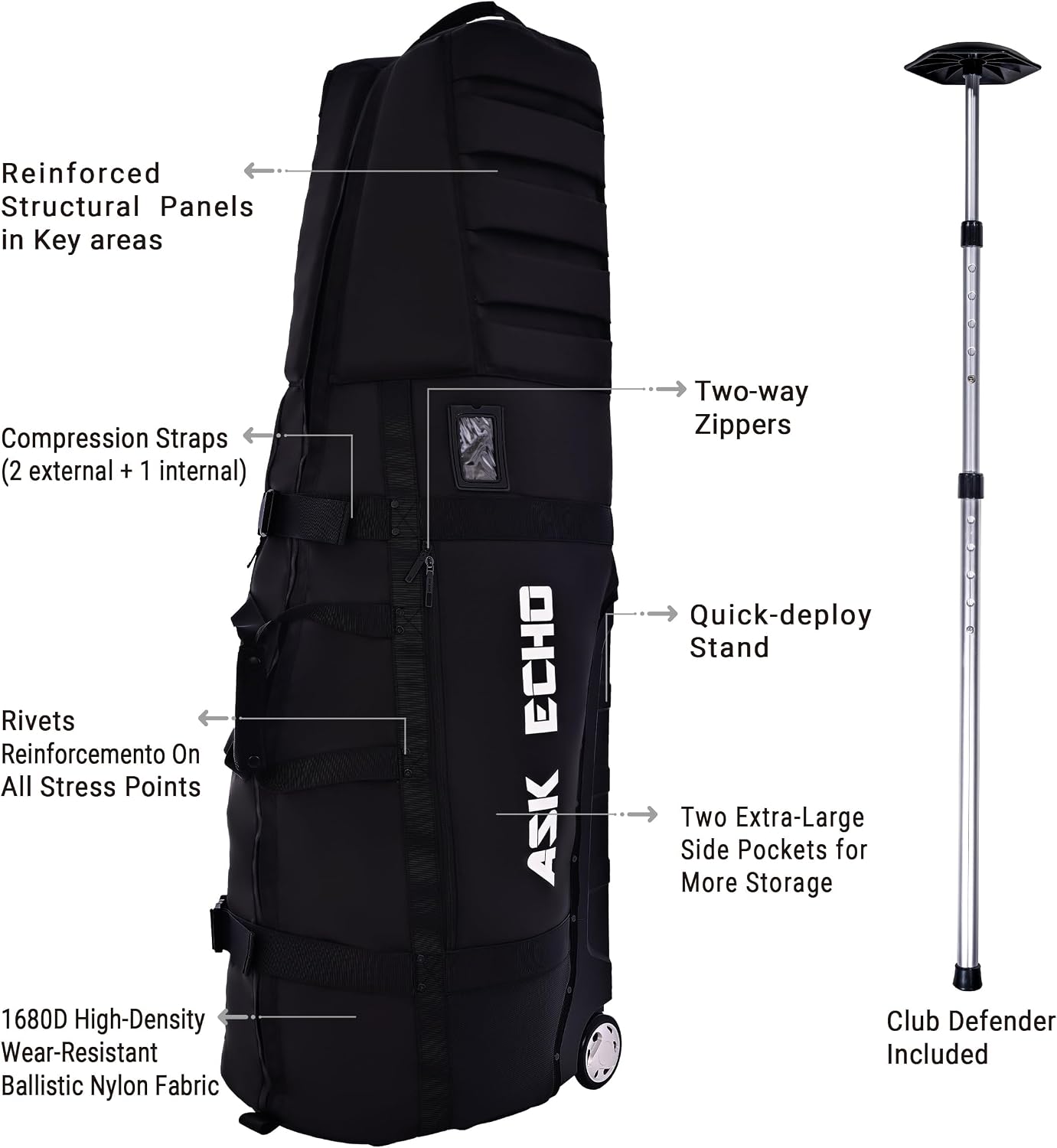 ASK ECHO Locklink StableRoller Golf Travel Bag with 4-Wheel Rolling System, Extendable Support Stand Legs