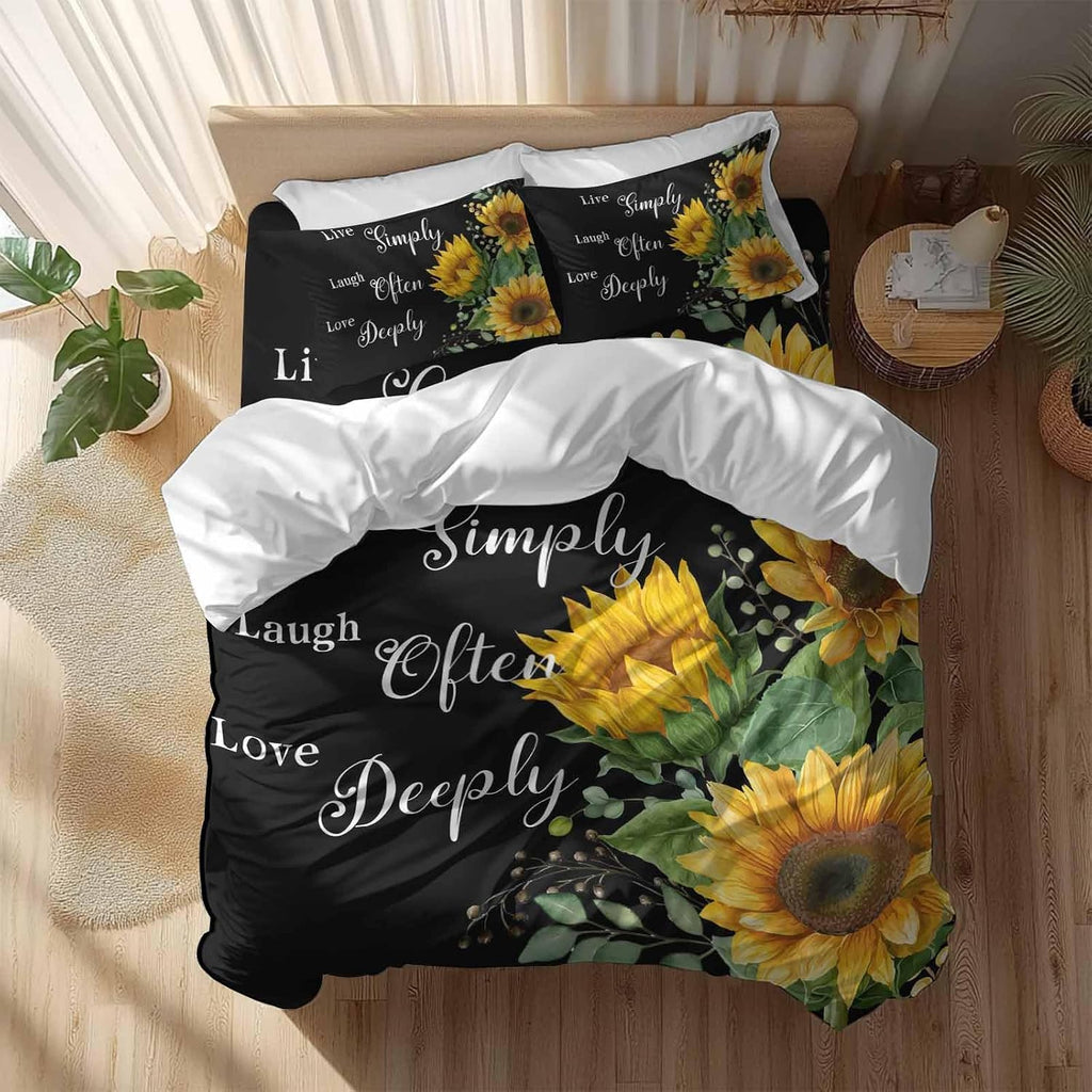Prime Leader Sunflower Duvet Cover Set Queen Size 4 Pieces Live Simply Laugh Often Love Deeply Black Bedding Set with Zipper Closure, 1 Comforter Cover 90x92 Inches 1 Flat Sheet & 2 Pillow Cases