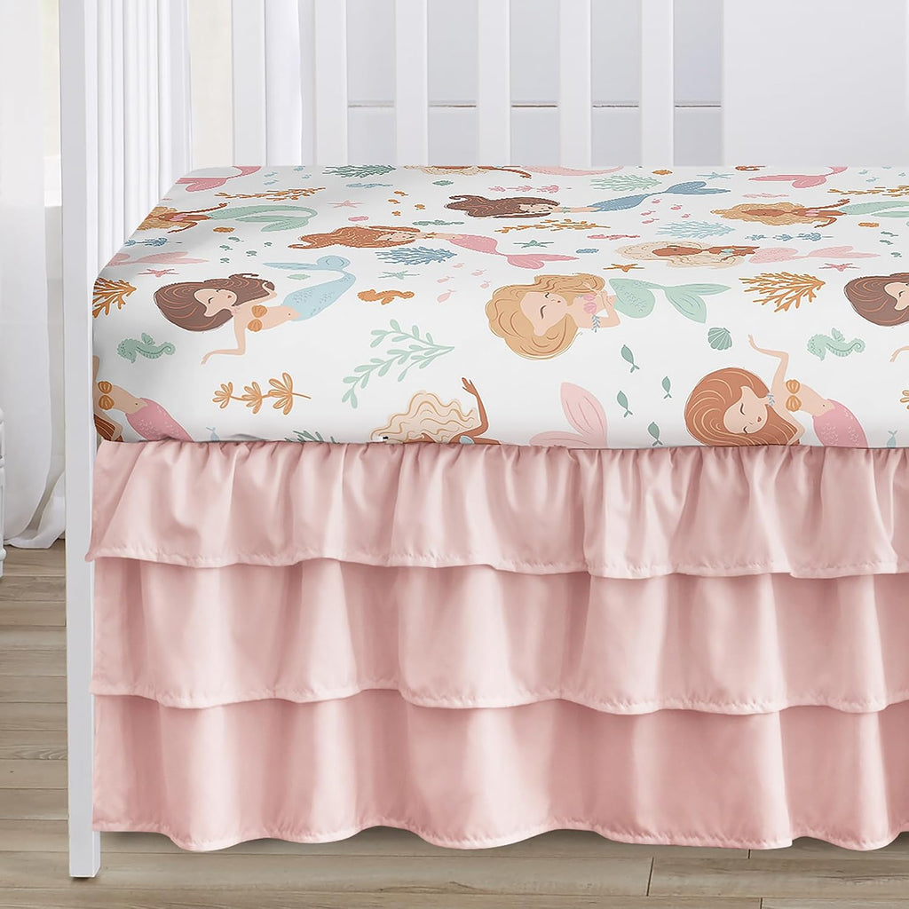 Sweet Jojo Designs Ocean Mermaids Girl Baby Crib Bedding Set Nursery Room Blanket Fitted Sheet Skirt Diaper Stacker 4p Pink Teal Under the Sea Underwater Theme Fairytale Fish Colorful Coral Reef Blue