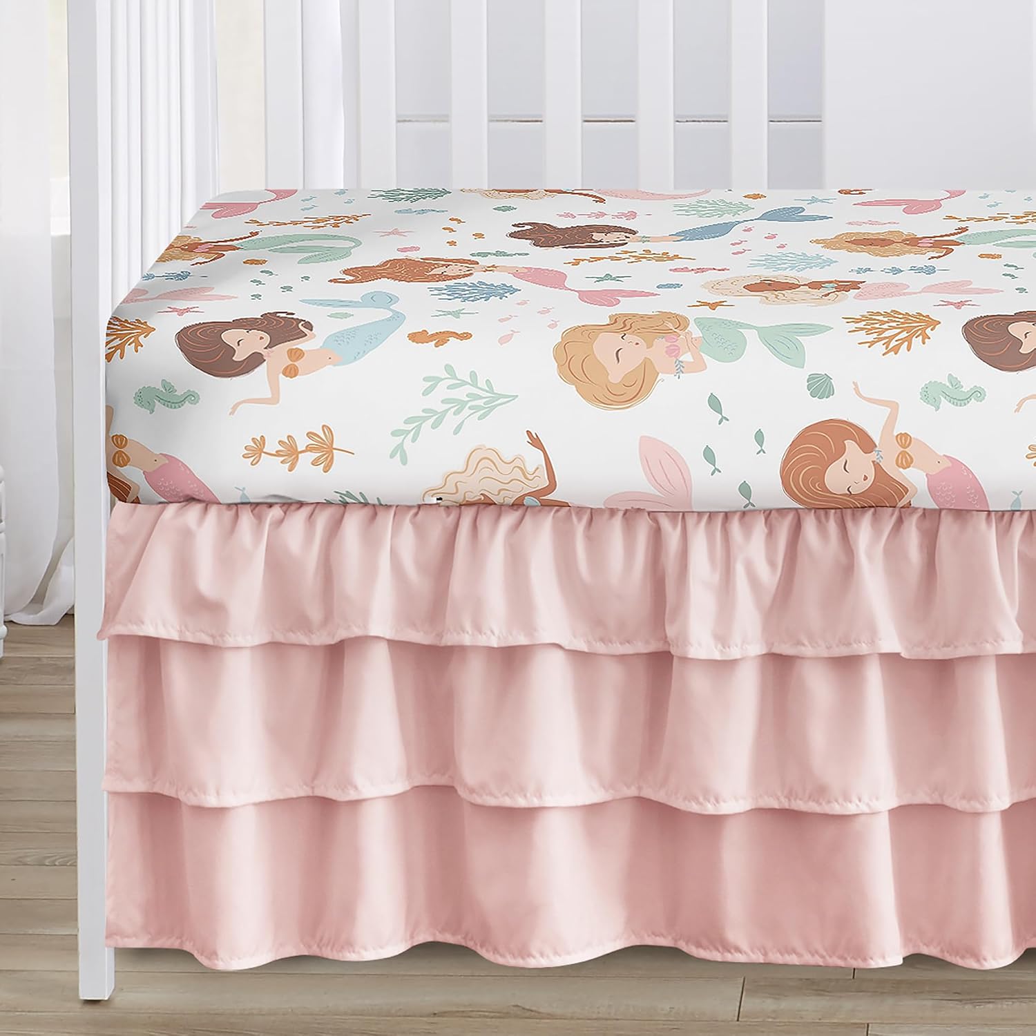 Sweet Jojo Designs Ocean Mermaids Girl Baby Crib Bedding Set Nursery Room Blanket Fitted Sheet Skirt Diaper Stacker 4p Pink Teal Under the Sea Underwater Theme Fairytale Fish Colorful Coral Reef Blue