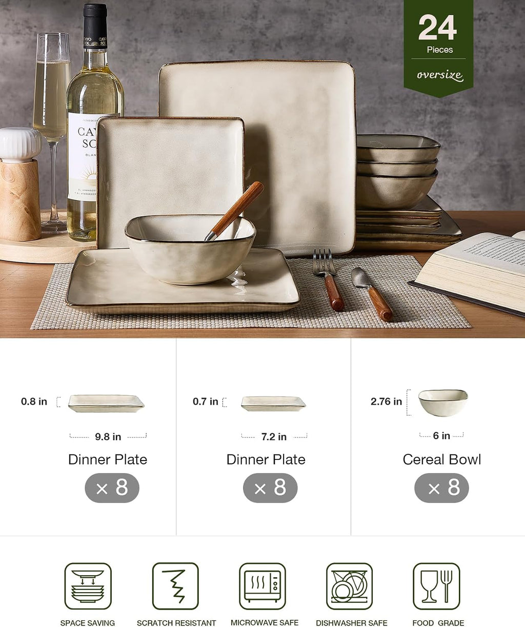 Famiware Stoneware Dinnerware Sets for 8, Ocean Square 24-Piece Kitchen Plates and Bowls Sets, Microwave and Dishwasher Safe, Scratch Resistant, Light khaki