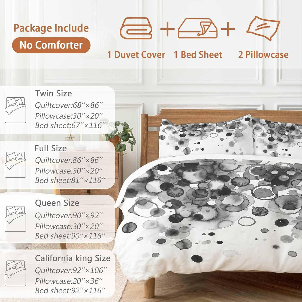 Abstract Duvet Cover Set Queen Size 4 Pieces Black Gradient Watercolors Ink Points Minimalist Bedding Set with Zipper Closure, 1 Comforter Cover 90x92 Inches 1 Flat Sheet & 2 Pillow Cases