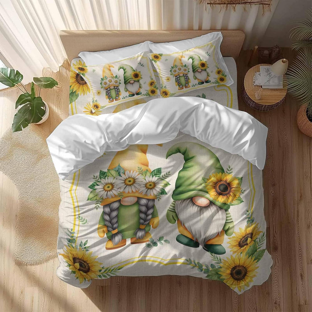 Prime Leader Summer Dwarfs Duvet Cover Set Queen Size 4 Pieces Yellow Sunflower Daisy Field Plant Vintage Bedding Set with Zipper Closure, 1 Comforter Cover 90x92 Inches 1 Flat Sheet & 2 Pillow Cases