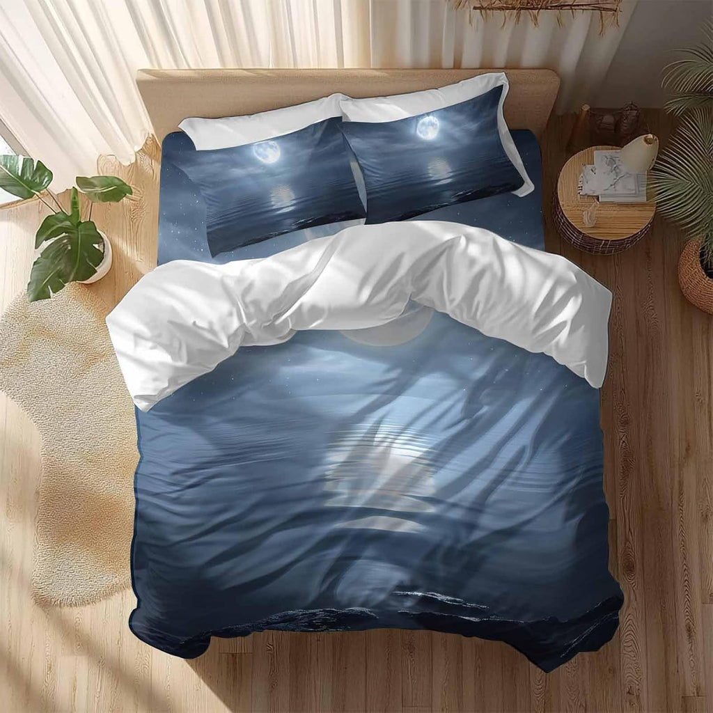 Prime Leader Night Ocean Duvet Cover Set Queen Size 4 Pieces Natural Scenery Moonlight Sparkling Water Bedding Set with Zipper Closure, 1 Comforter Cover 86x86 Inches 1 Flat Sheet & 2 Pillow Cases