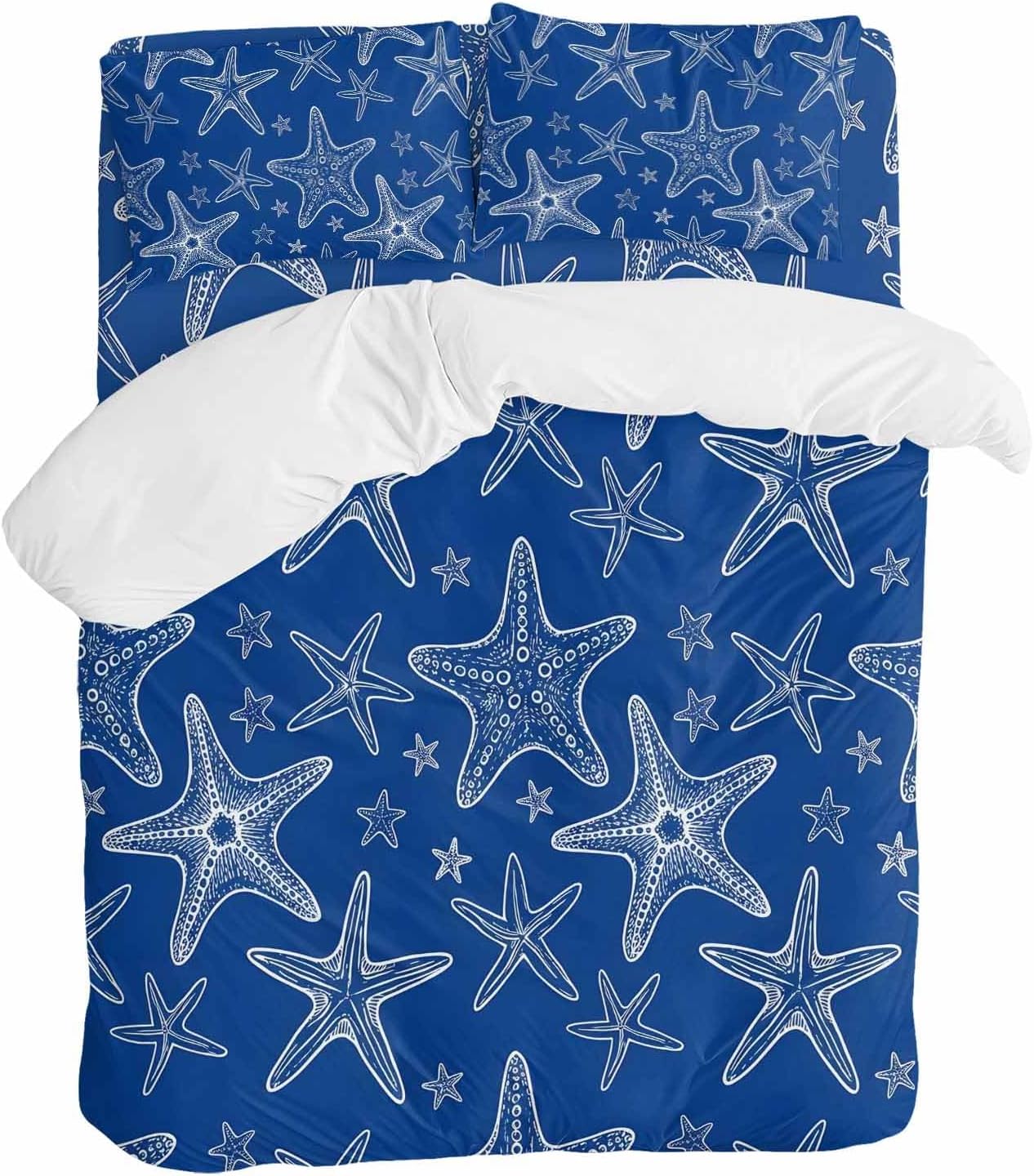 Summer Beach Blue Starfish Duvet Cover Set Queen Size 4 Pieces Modern Nautical Coastal Ocean Marine Life Bedding Set with Zipper Closure, 1 Comforter Cover 86x86 Inches 1 Flat Sheet & 2 Pillow Cases