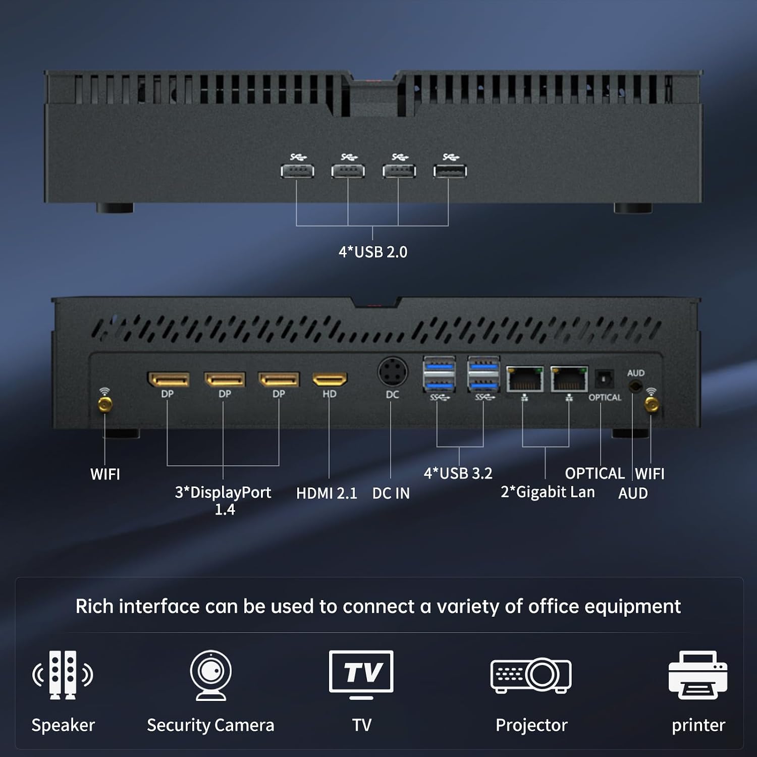 Mini PC Gaming, Desktop Computer i7-14700F 20 Cores Upto 5.4GHz, 64G DDR5, 1T M.2 PCIE4.0 SSD, Windows 11 Pro, GeForce RTX4070 12G, Four Display, 8K@60Hz Outputs, Dual LAN, WiFi6E/BT5.3