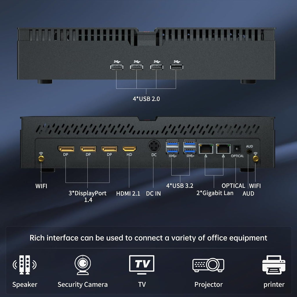 Ai Mini PC, Desktop Computer i9-13900F 24 Cores Upto 5.6GHz, 64G DDR5, 2T M.2 PCIE4.0 SSD, Win-11 Pro, GeForce RTX4070 12G, Four Display, 8K@60Hz, Dual LAN, WiFi6E, Multitasking, Video Server