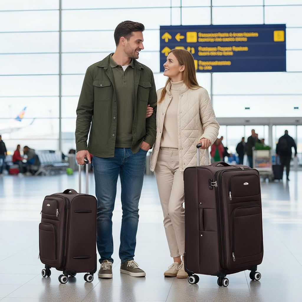 Softside Luggage Sets 2 Piece,Expandable15% Lightweight Durable Suitcase Sets Double Spinner Wheels & w/Combination LOCK（Coffee,20in/30in）