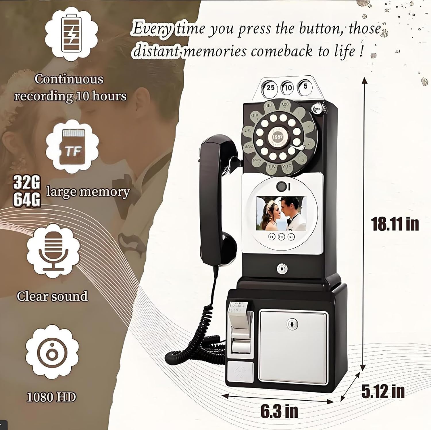 1080p Video Guestbook Wedding Phone,Wedding Phone Guestbook with Lens Recording,32G Memory Card,Retro 1960's Style Audio Guest Book,Creative Wedding Decorations(Black)