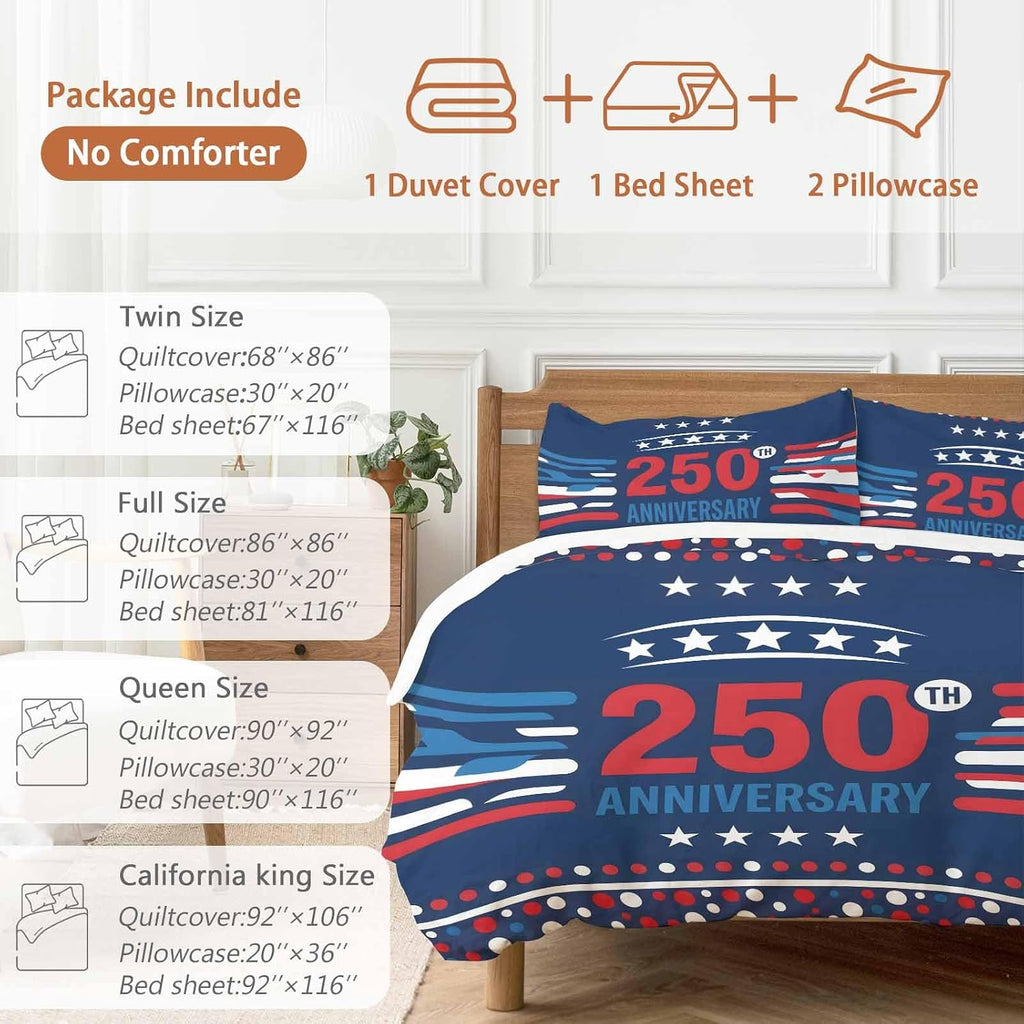 USA 250th Anniversary Duvet Cover Set Queen Size 4 Pieces Polka Dots Star Independence Day Navy Blue Bedding Set with Zipper Closure, 1 Comforter Cover 90x92 Inches 1 Flat Sheet & 2 Pillow Cases