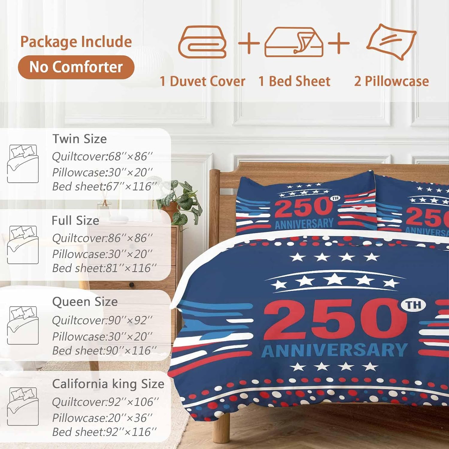 USA 250th Anniversary Duvet Cover Set Queen Size 4 Pieces Polka Dots Star Independence Day Navy Blue Bedding Set with Zipper Closure, 1 Comforter Cover 90x92 Inches 1 Flat Sheet & 2 Pillow Cases