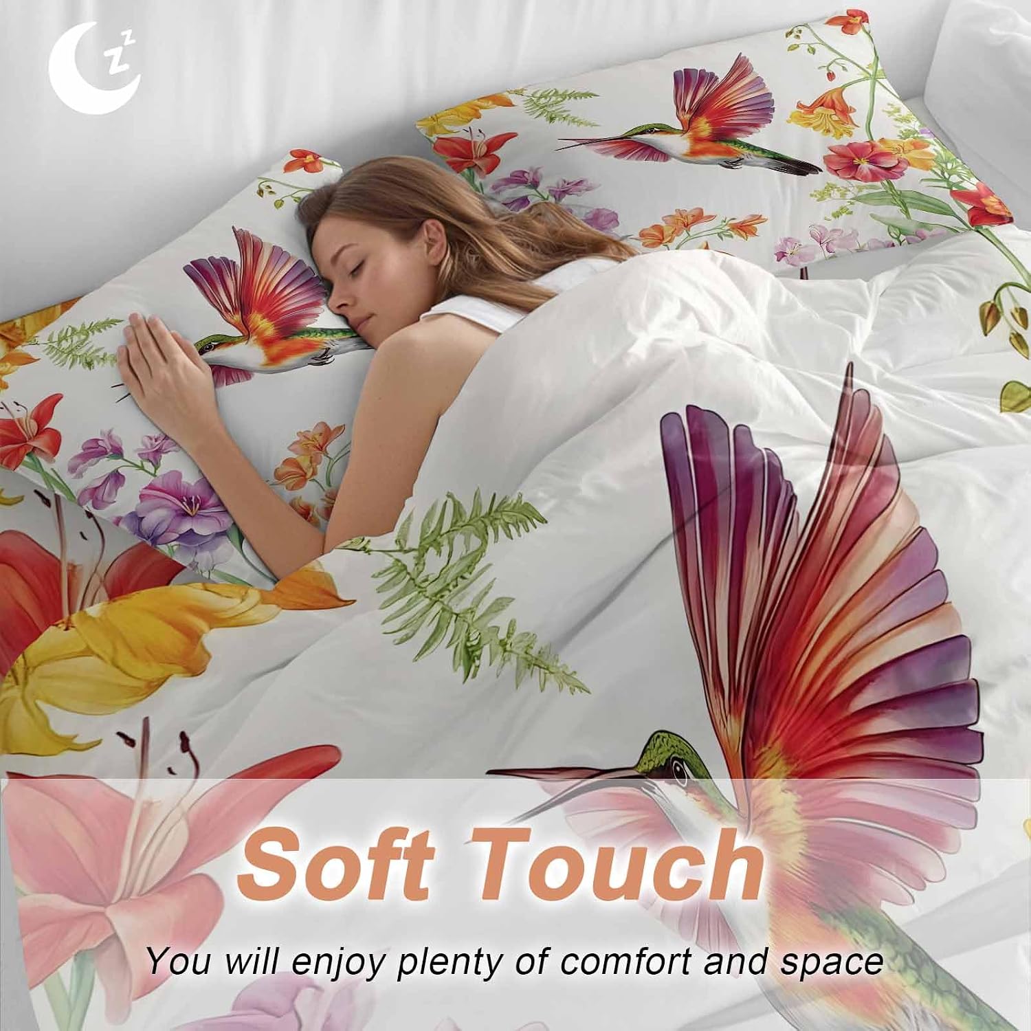 Prime Leader Retro Duvet Cover Set Queen Size 4 Pieces Hummingbird Wildflowers Pastoral Spring Scenery Bedding Set with Zipper Closure, 1 Comforter Cover 90x92 Inches 1 Flat Sheet & 2 Pillow Cases