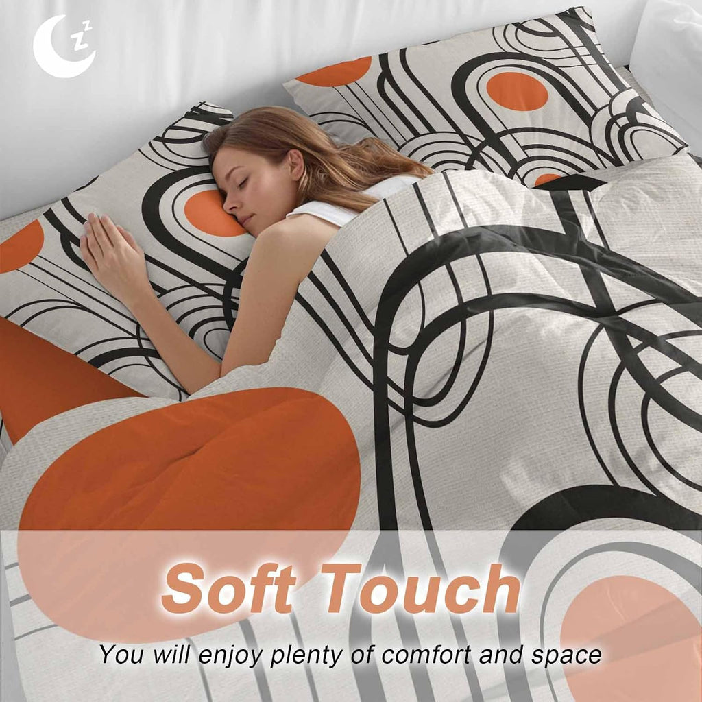 Black Orange Duvet Cover Set Queen Size 4 Pieces Abstract Line Boho Minimalist Mid Century Arch Geometric Bedding Set with Zipper Closure, 1 Comforter Cover 92x106 Inches 1 Flat Sheet & 2 Pillow Cases