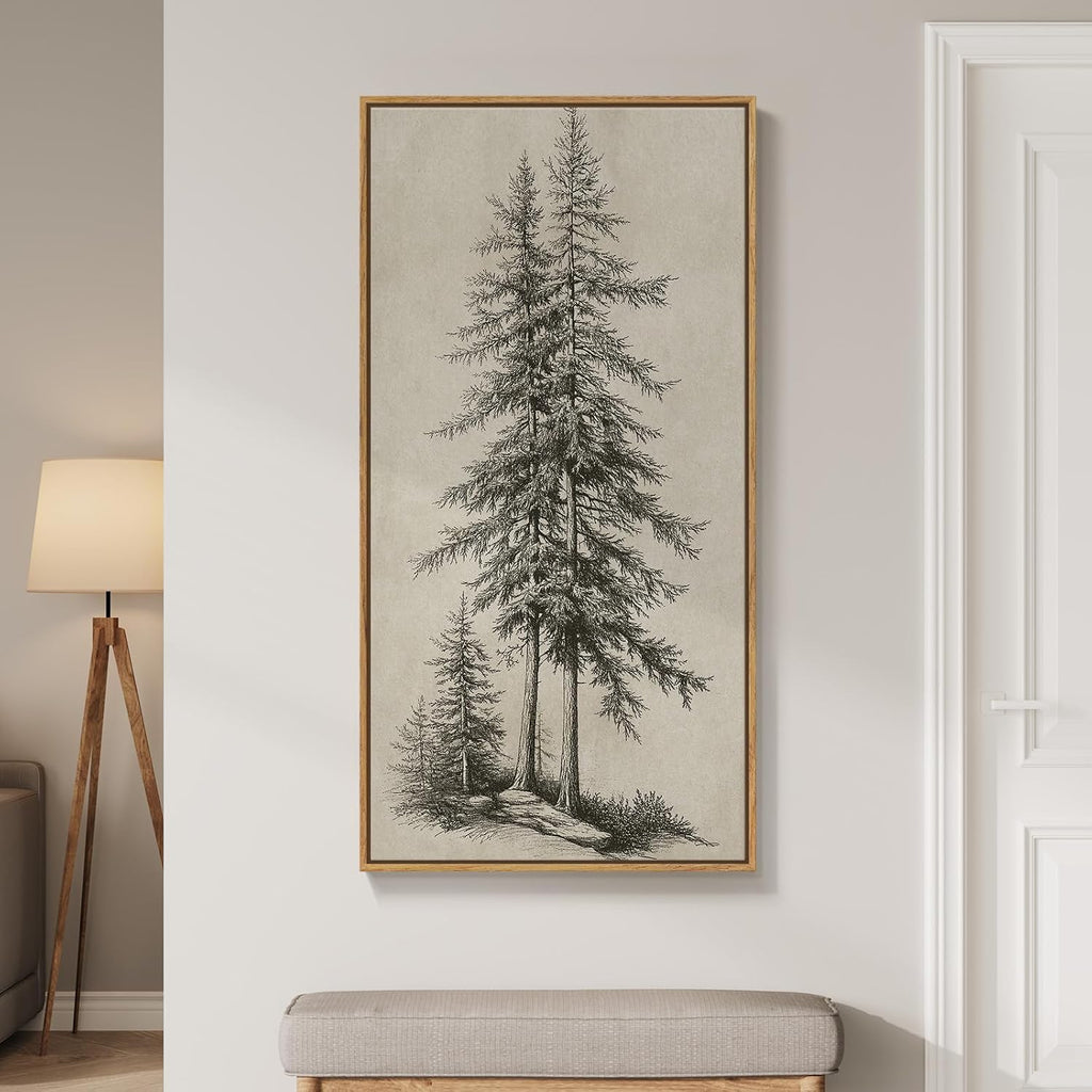 Large Framed Vertical Vintage Pine Tree Wall Art for Living Room, Neutral Sketch Rustic Classic Beige Canvas Artwork for Walls, Nordic Forest Farmhouse Wall Decor for Bedroom Hallway Office, 30x60 In