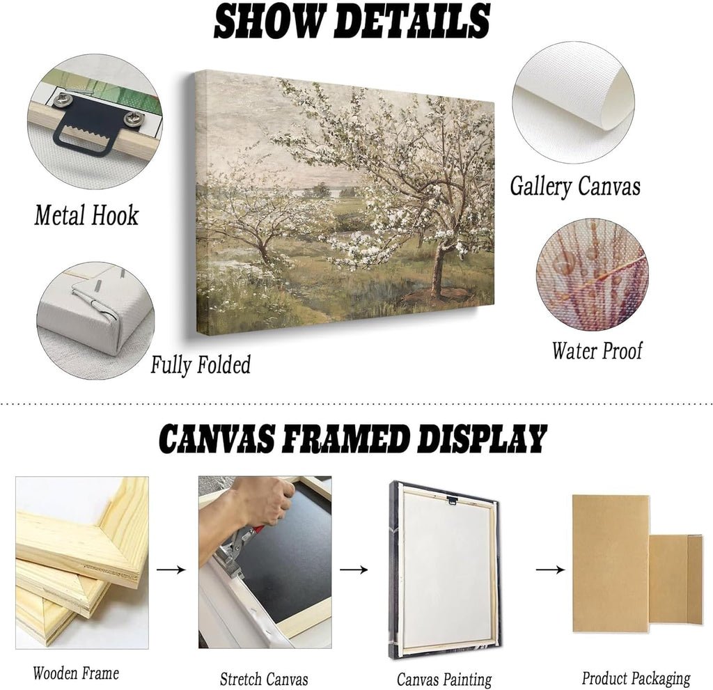 Framed Spring Blooming Tree Painting Posters Vintage European Muted Colors Canvas Print Wall Art Full of vitality Easter Spring Wall Decor 24x36 framed