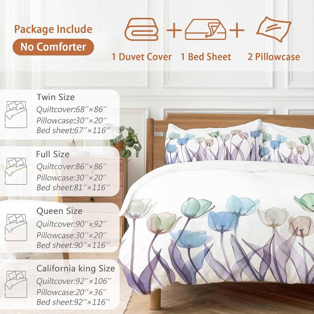 Prime Leader Spring Floral Duvet Cover Set Queen Size 4 Pieces Watercolor Purple Tulip Flowers Pattern Bedding Set with Zipper Closure, 1 Comforter Cover 90x92 Inches 1 Flat Sheet & 2 Pillow Cases
