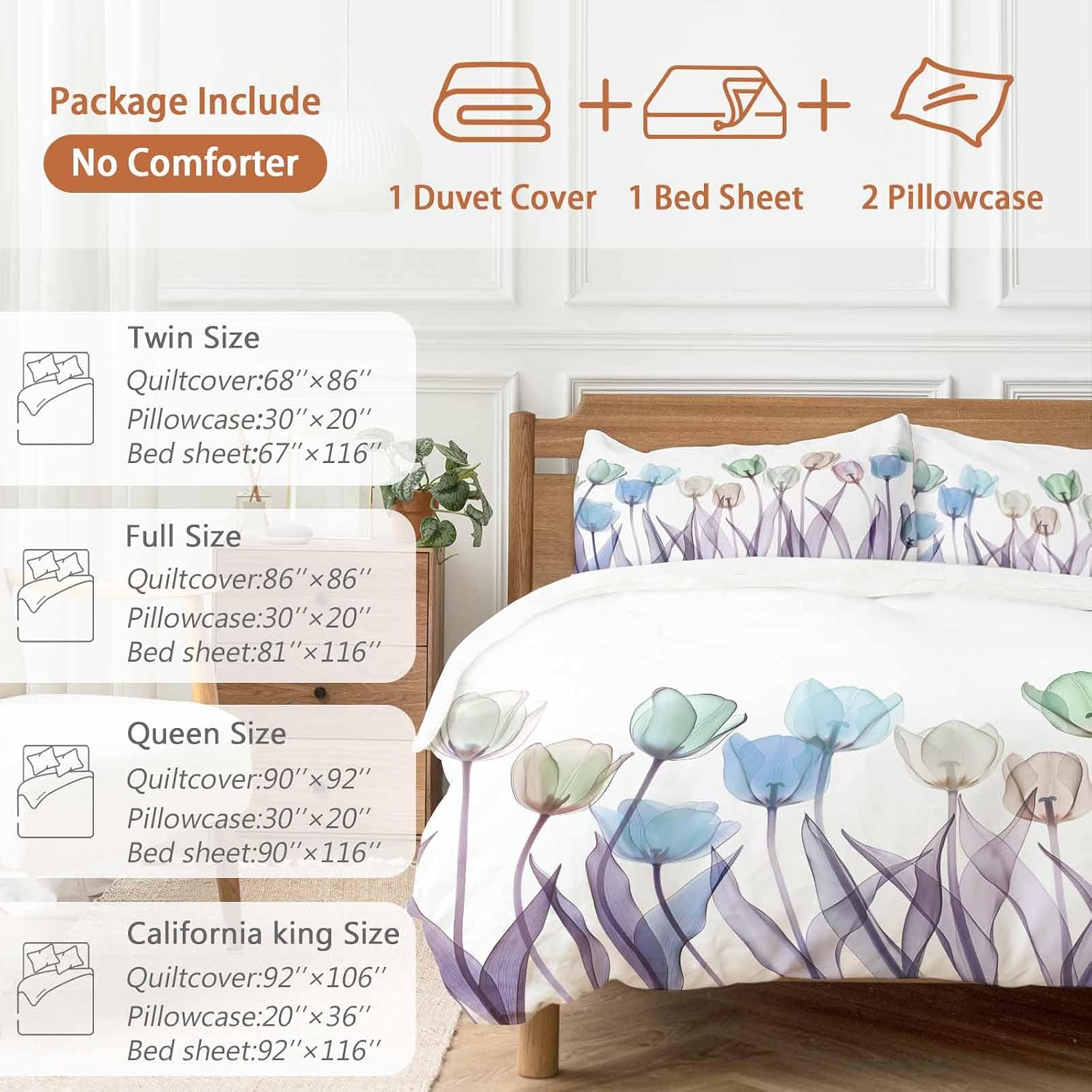 Prime Leader Spring Floral Duvet Cover Set Queen Size 4 Pieces Watercolor Purple Tulip Flowers Pattern Bedding Set with Zipper Closure, 1 Comforter Cover 92x106 Inches 1 Flat Sheet & 2 Pillow Cases