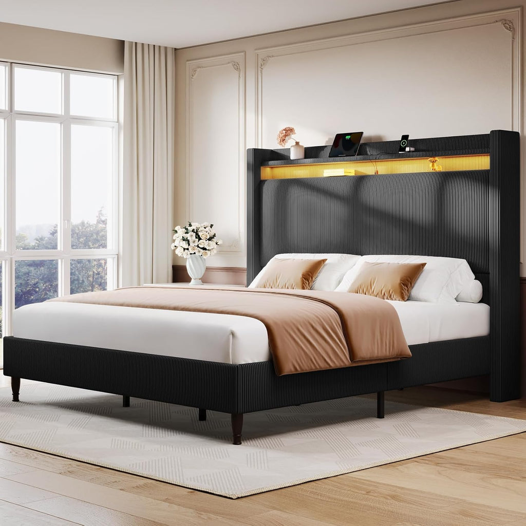 King Size Bed Frame with Tall Headboard, 55.3' Corduroy Upholstered Platform Bedframe with LED Lights & Charging Station, King Beds Wingback Storage Headboard, No Box Spring Needed, Wood Slats, Black