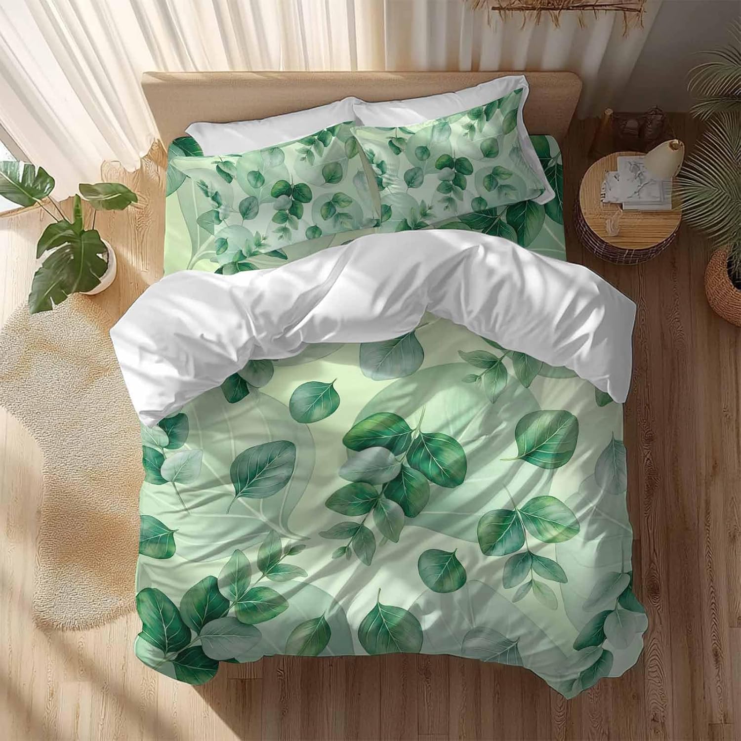 Green Leaf Duvet Cover Set Queen Size 4 Pieces Summer Green Eucalyptus Leaves Plants Farmhouse Bedding Set with Zipper Closure, 1 Comforter Cover 86x86 Inches 1 Flat Sheet & 2 Pillow Cases
