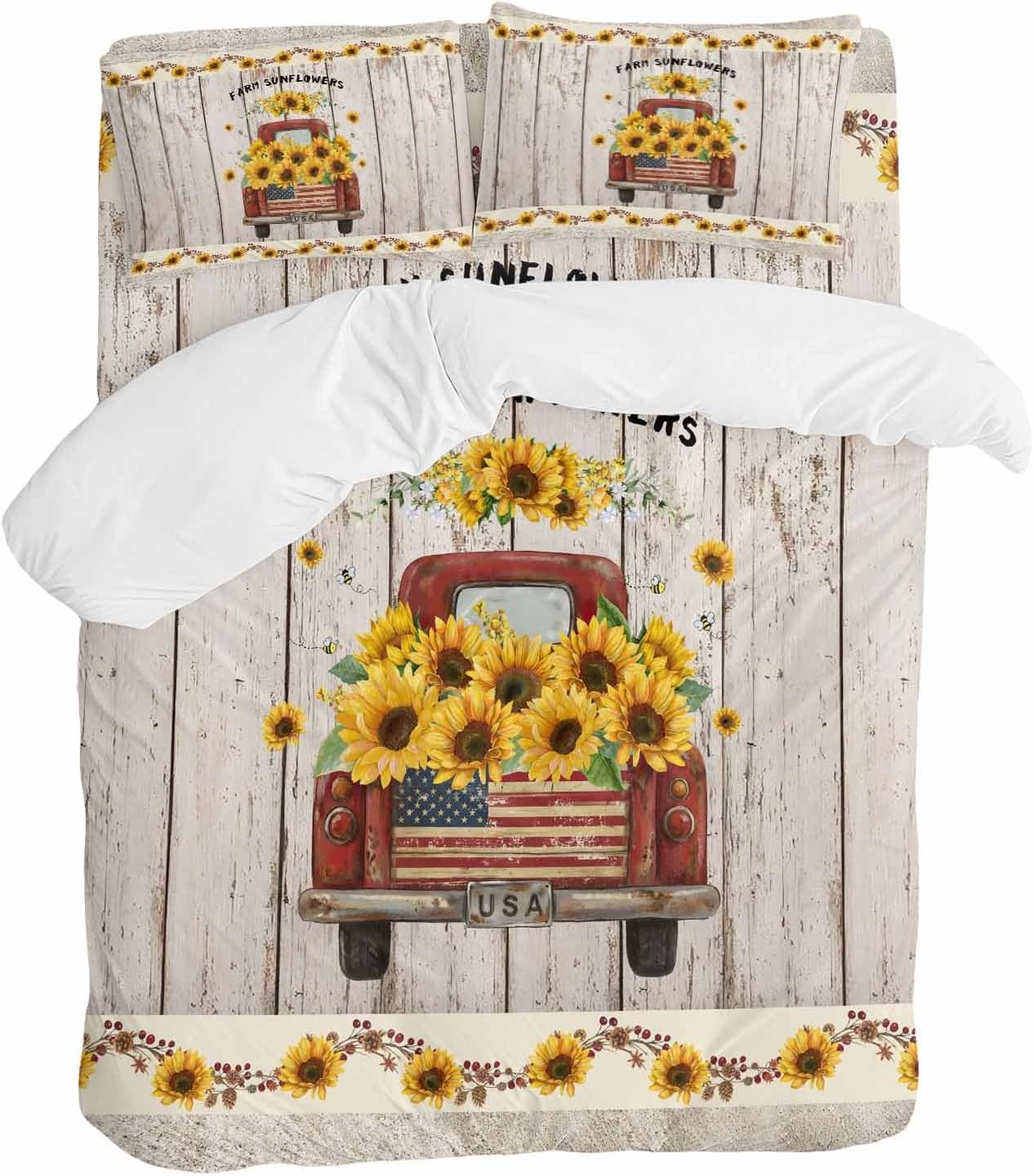 Farm Sunflowers Duvet Cover Set Queen Size 4 Pieces Summer Floral Truck Leaves Fruit Wood Grain Bedding Set with Zipper Closure, 1 Comforter Cover 86x86 Inches 1 Flat Sheet & 2 Pillow Cases