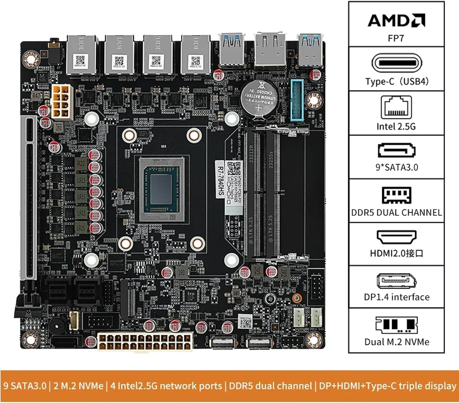 NAS Motherboard AMD Ryzen 7 8845HS, Firewall VPN Router DIY, 4 Port i226-V 2.5GbE LAN, 2xDDR5, 2*M.2 NVMe PCIE X16, 9*SATA3.0, HDMI2.0 DP USB4 Type-C, ITX 17x17CM.+2×SFF8643 to 4 * SATA Data Cable