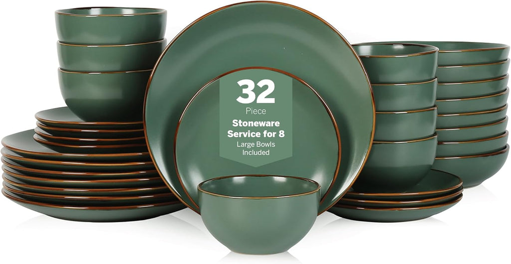 Stone Lain Brasa Stoneware 32 Piece Modern Dinnerware Sets, Plates and Bowls, Service for 8, Green, Microwave & Dishwasher Safe