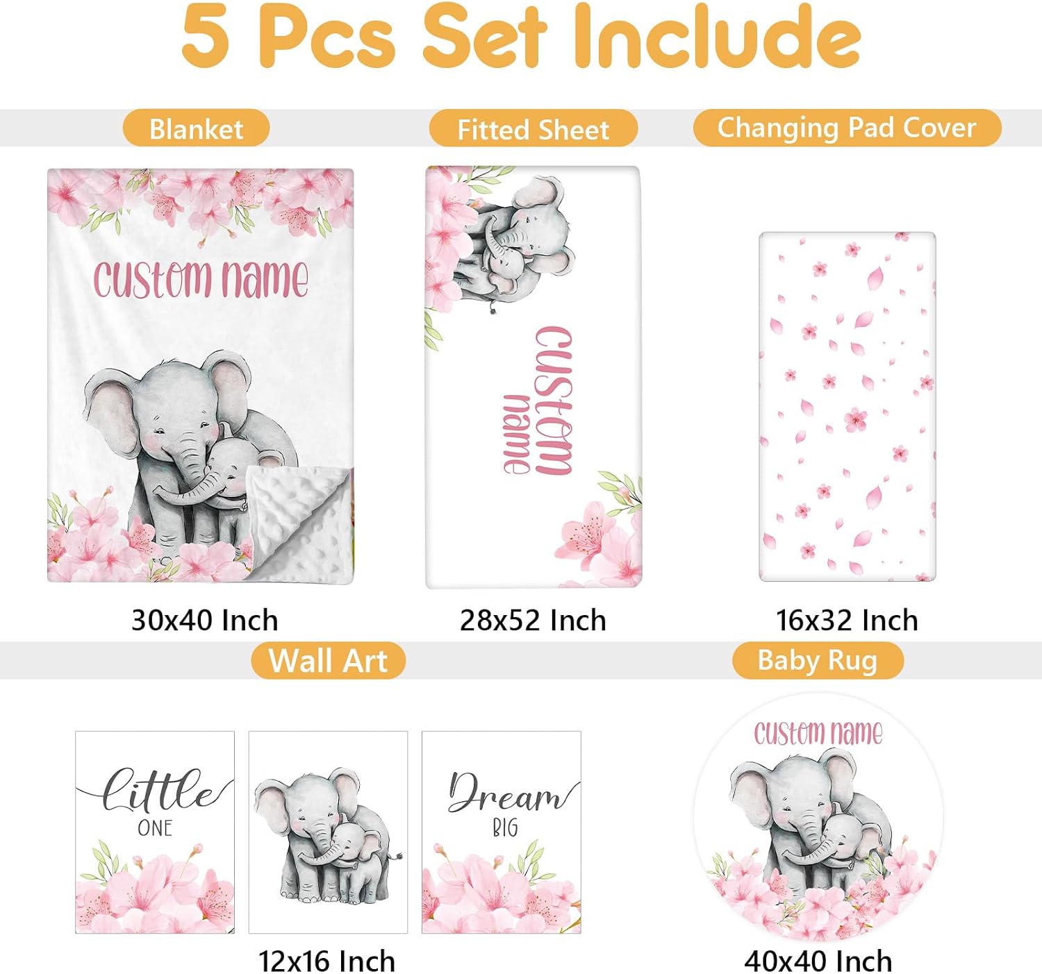 Terwex Personalized Crib Bedding Set, 5 Pcs Custom Nursery Bedding Sets with Name, Infant Bedding Set for Baby Girls, Pink Elephant Double Layer Baby Crib Set, Babies Toddlers Kids Customized Gifts