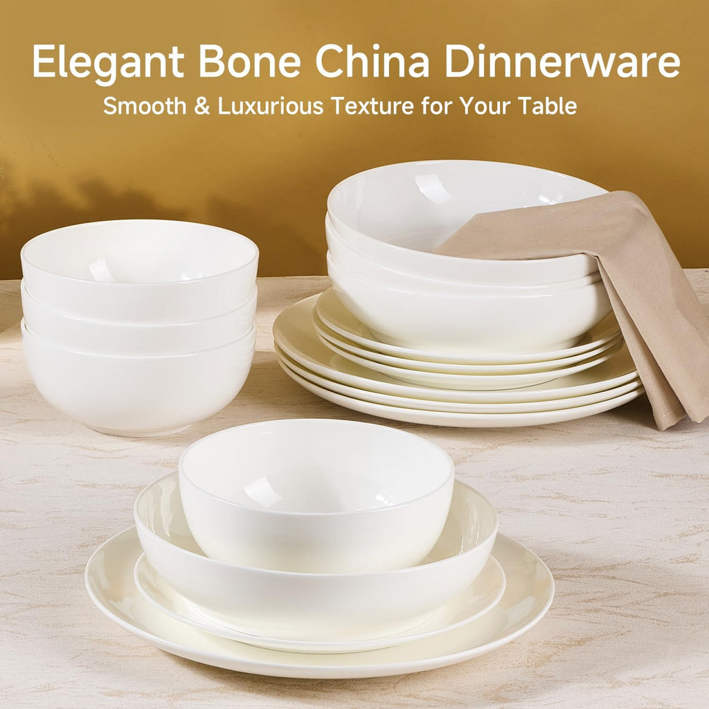 KINGSTONE 16-Piece Bone China Dinnerware Sets for 4, Lightweight Porcelain Dish Serving Plates and Bowls Sets, Durable Scratch Resistant Dinner Set, Microwave & Dishwasher Safe, Ivory White