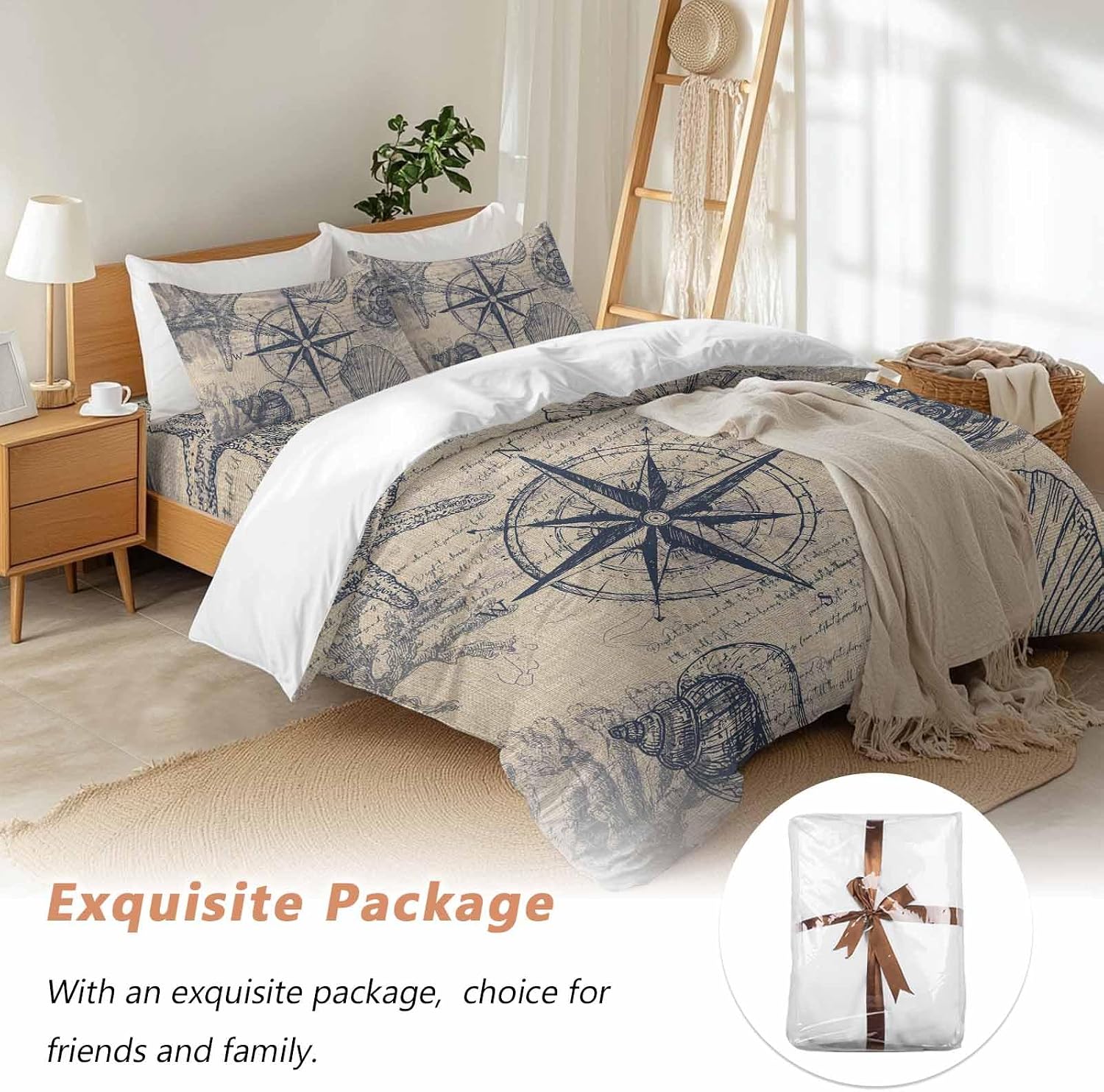 Vintage Nautical Duvet Cover Set Queen Size 4 Pieces Summer Navy Blue Compass Shell Starfish Brown Bedding Set with Zipper Closure, 1 Comforter Cover 86x86 Inches 1 Flat Sheet & 2 Pillow Cases