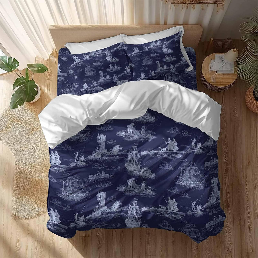 Vintage Farmhouse Ocean Duvet Cover Set Queen Size 4 Pieces Country Nautical Blue Sea Ships Castles Map Bedding Set with Zipper Closure, 1 Comforter Cover 92x106 Inches 1 Flat Sheet & 2 Pillow Cases