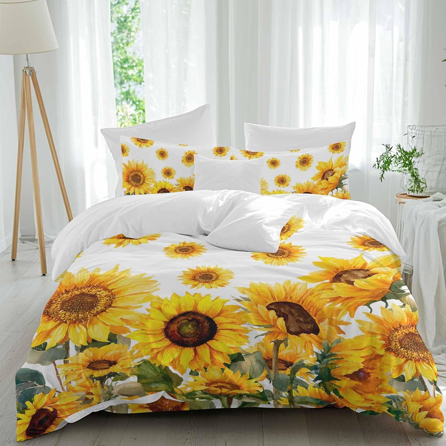 Prime Leader Summer Sunflower Duvet Cover Set Queen Size 4 Pieces Watercolor Flowers Farmhouse Bedding Set with Zipper Closure, 1 Comforter Cover 92x106 Inches 1 Flat Sheet & 2 Pillow Cases