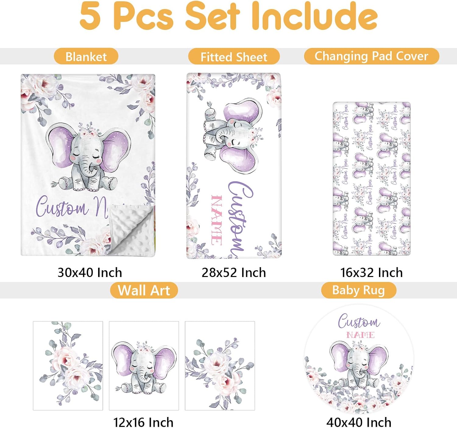Terwex Personalized Baby Crib Bedding Set, 5 Pcs Custom Name Nursery Bedding Set, Purple Elephants Baby Bedding Set for Girls Boys, Double Layer Baby Crib Sets, Customized Gifts for Toddlers Infants