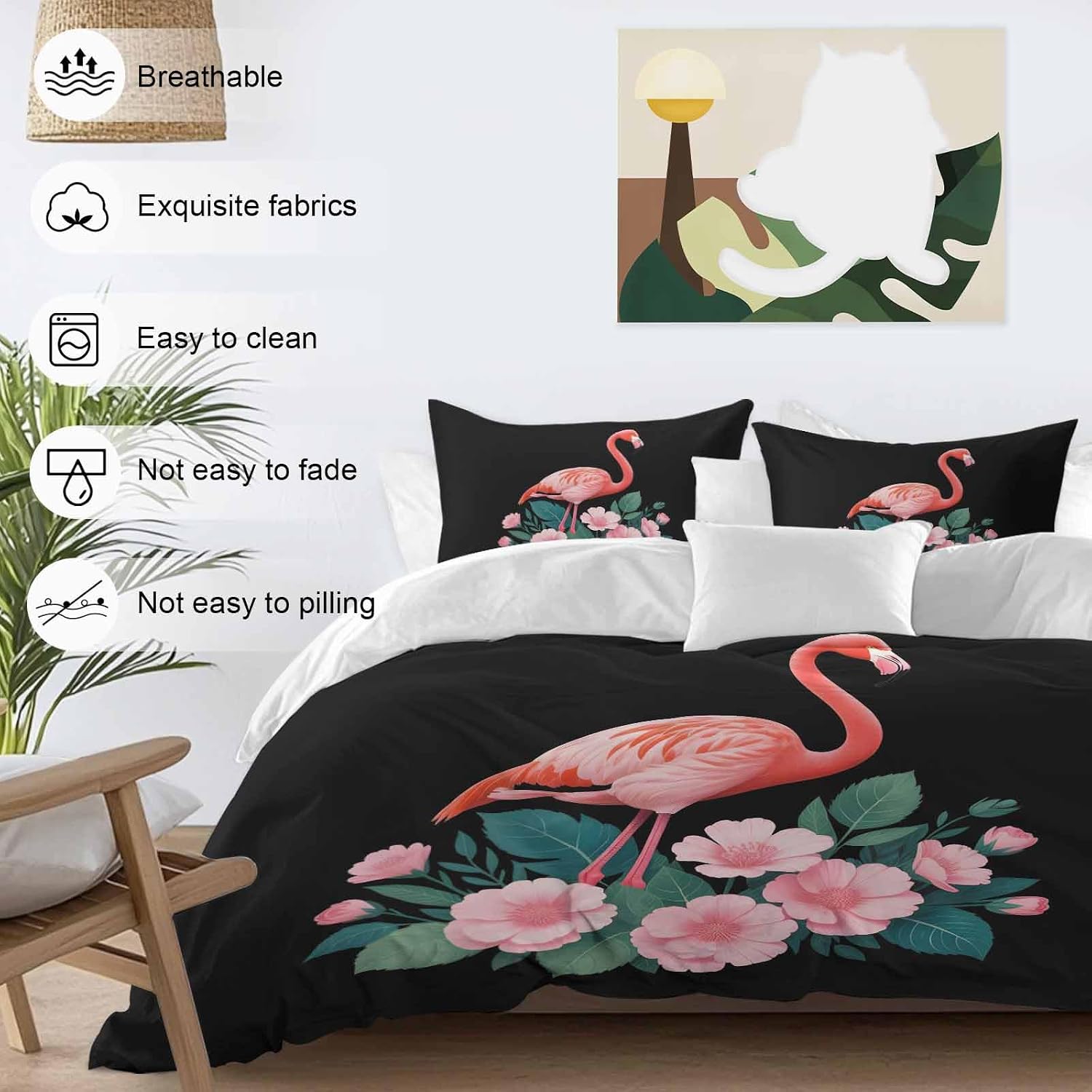 Prime Leader Flamingo Duvet Cover Set Queen Size 4 Pieces Pink Flower Leafs Plants Watercolors Black Bedding Set with Zipper Closure, 1 Comforter Cover 92x106 Inches 1 Flat Sheet & 2 Pillow Cases