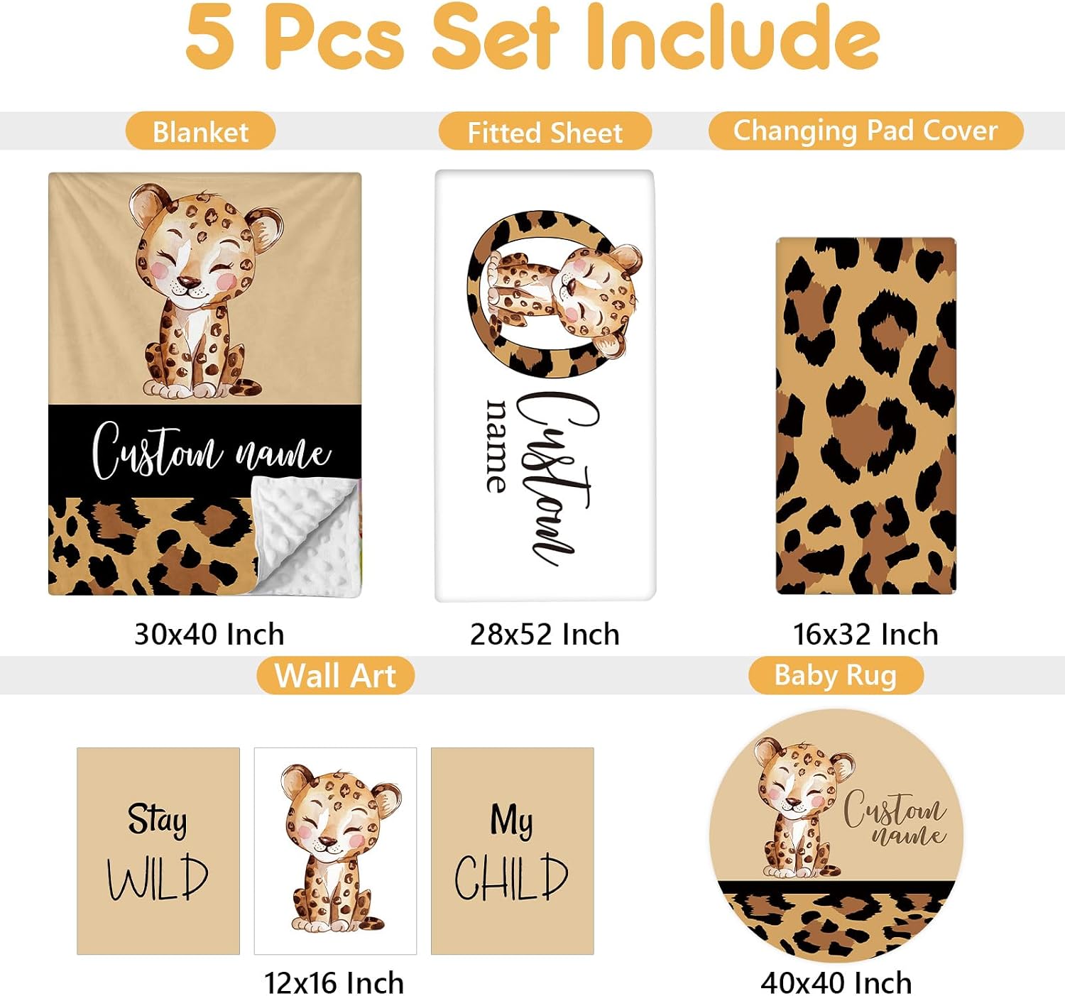Terwex Personalized Toddler Bedding Set, 5 Pcs Custom Name Crib Bedding Set for Boys Girls, Brown Leopard Flannel Baby Bedding Set, Double Layer Baby Crib Set, Customized Gifts for Newborns Infants