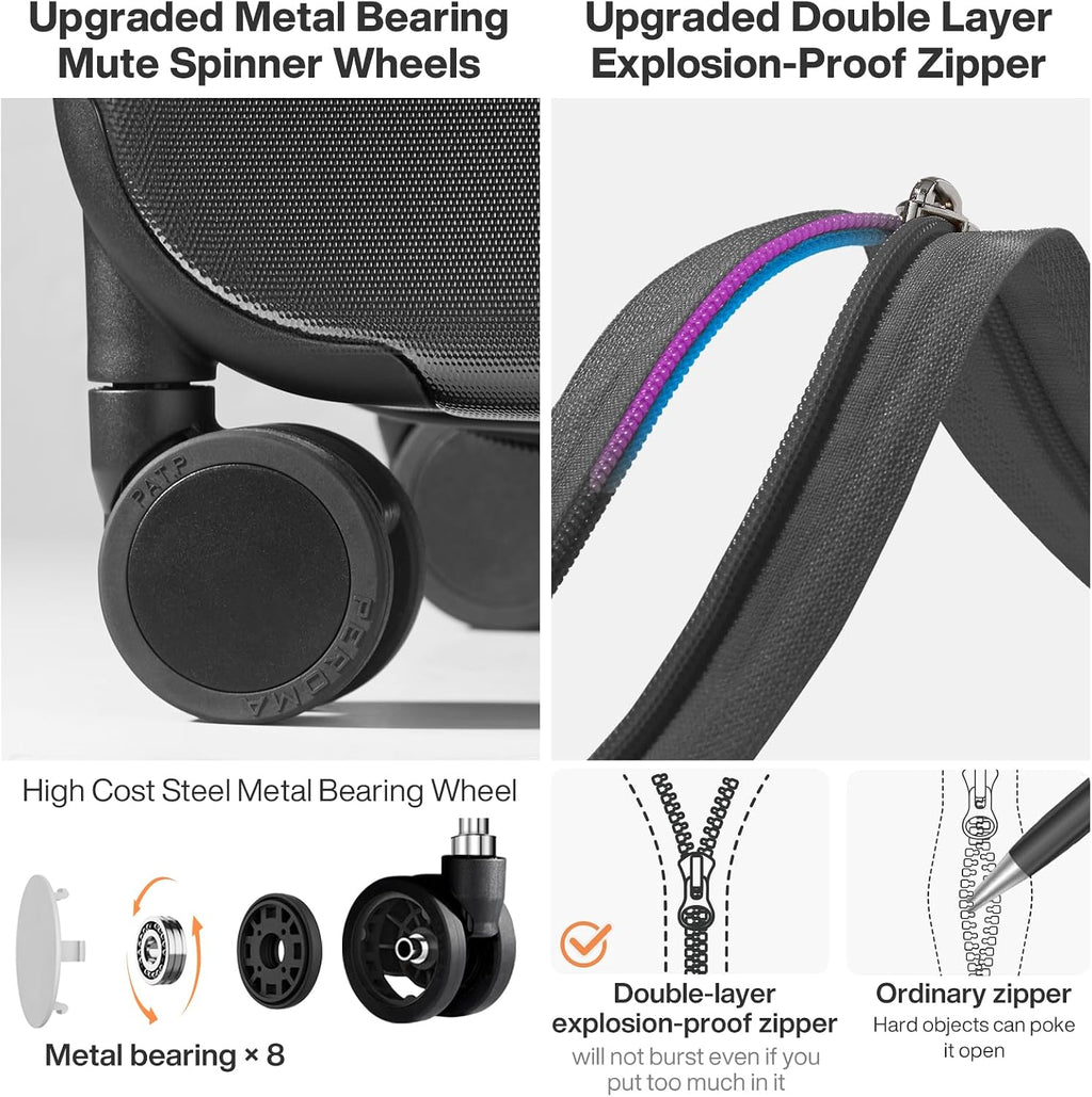 mixi Upgrade Carry on Luggage Suitcases with Spinner Wheels, Hardside Rolling Suitcase PC with TSA Lock Lightweight Travel Case 20in Carry-On, Fine Grid Black